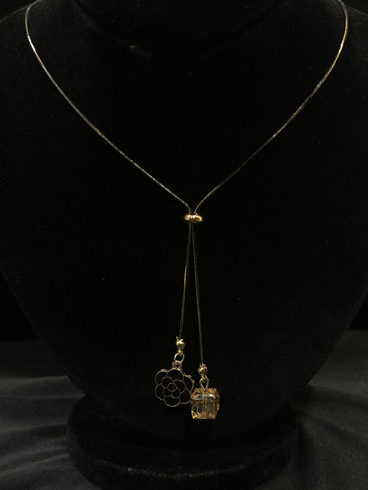 Elegant Lariat Necklace with Rose Charm & Crystal Pendant