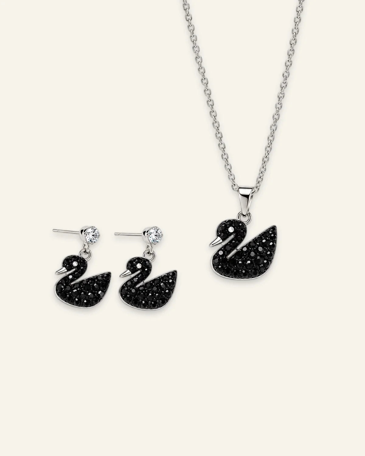 Silver chain necklace with a black pave swan pendant and matching black swan drop stud earrings set.
