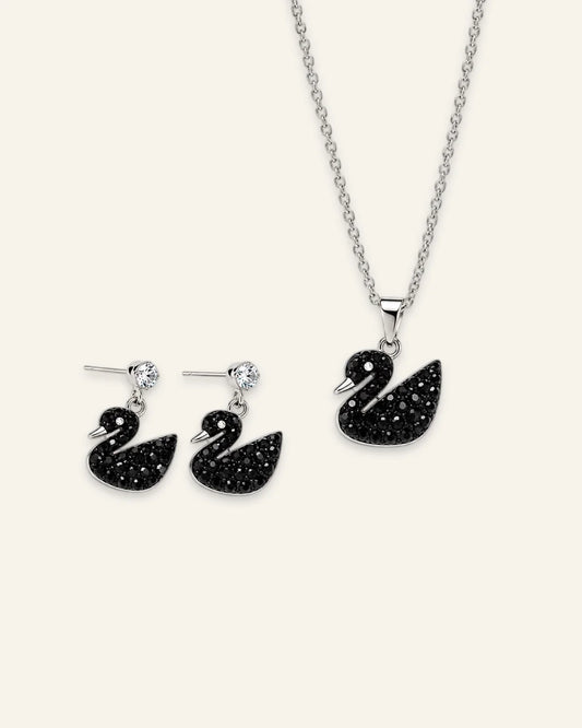 Silver chain necklace with a black pave swan pendant and matching black swan drop stud earrings set.