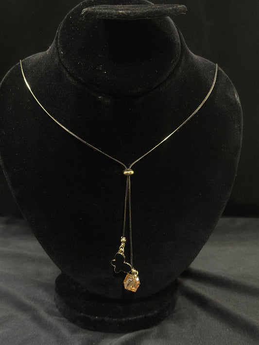 Elegant Lariat Necklace with Black Clover & Crystal Charm