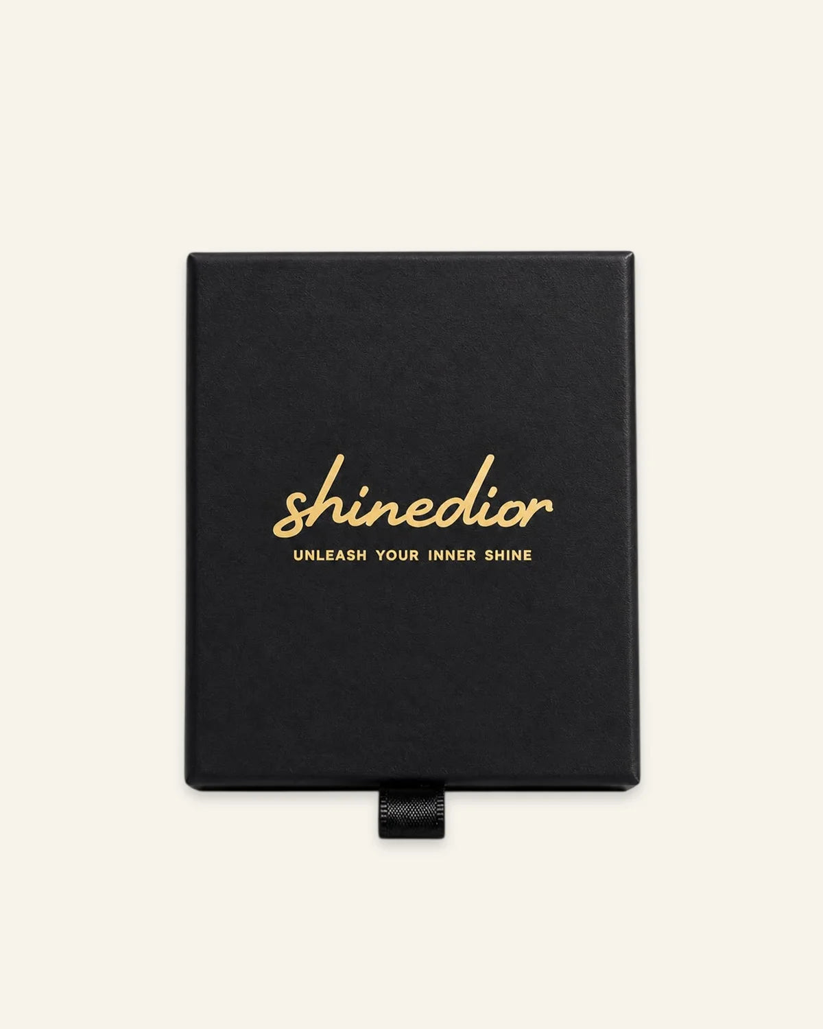 Shinedior luxury black drawer jewelry box with gold foil branding on a clean white background.