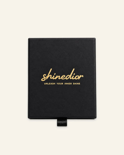 Shinedior luxury black drawer jewelry box with gold foil branding on a clean white background.